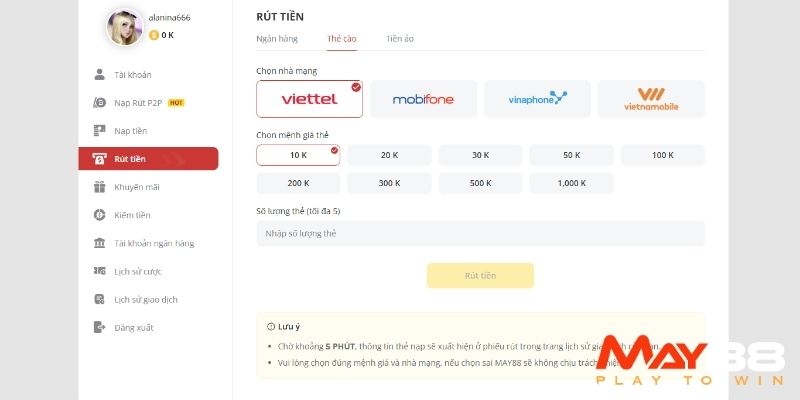 Hướng dẫn rút tiền May88 chi tiết
